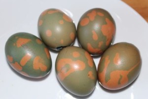 The blue eggs after the wax is removed.