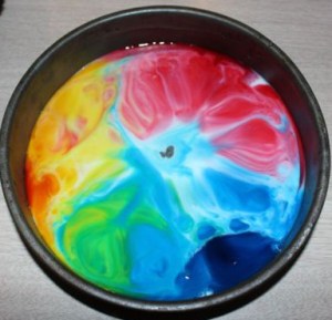 A few minutes into the second experiment. The spot in the middle is the dish washing liquid.