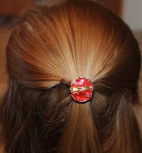 A's new hair band in her hair.