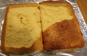 Cake cut and ready for icing.